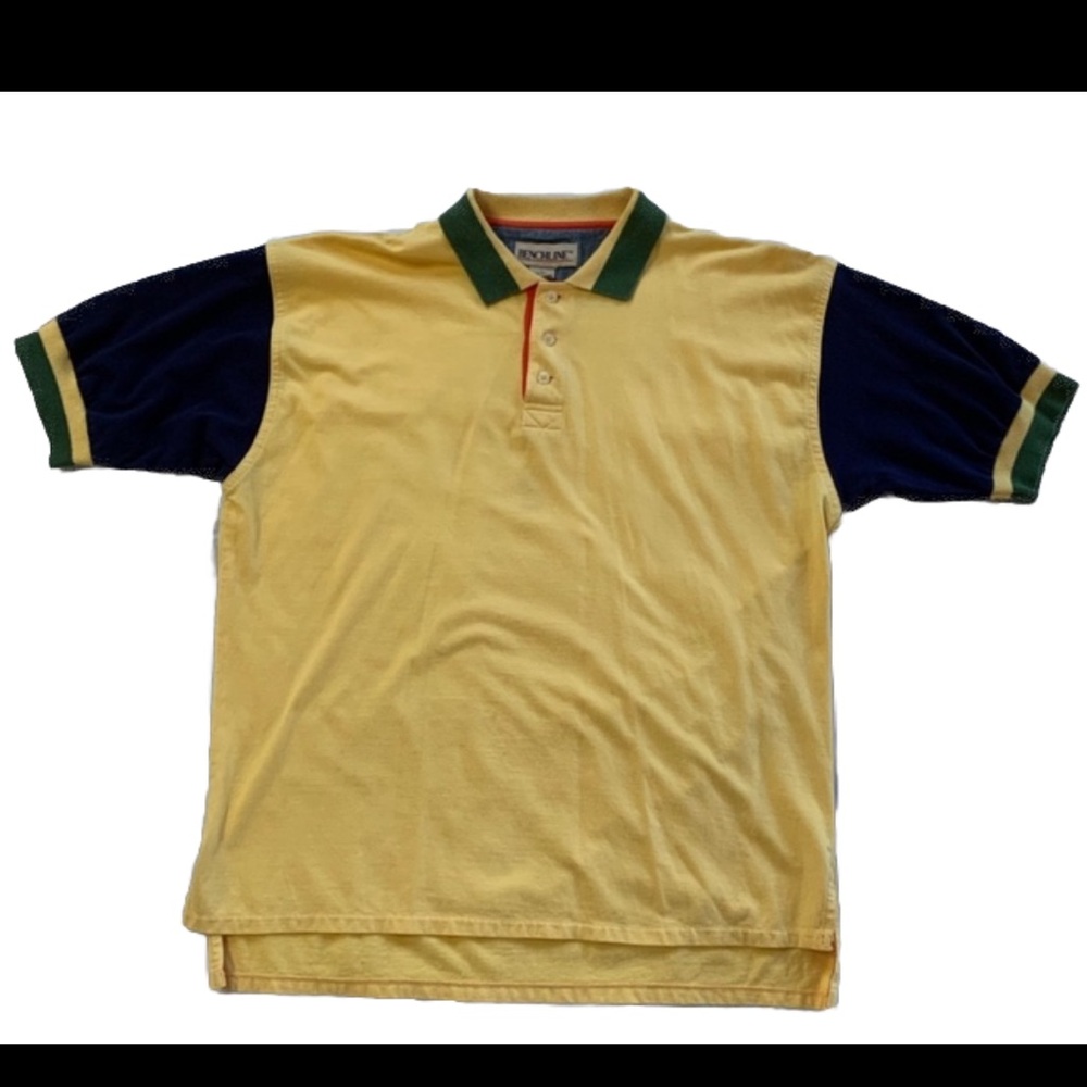 Vintage Benchline Yellow Polo Shirt with Navy Sleeves Men’s Large